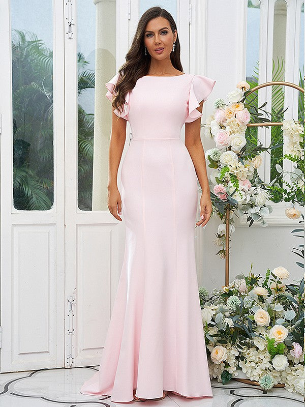 Sheath/Column Stretch Crepe Ruffles Scoop Short Sleeves Sweep/Brush Train Bridesmaid Dresses