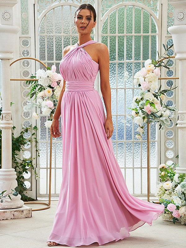 A-Line/Princess Chiffon Ruched Halter Sleeveless Floor-Length Bridesmaid Dresses