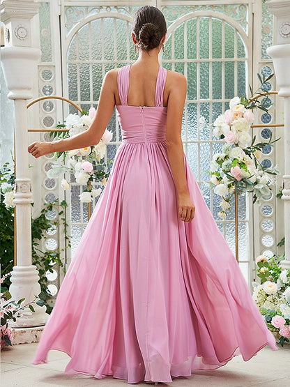A-Line/Princess Chiffon Ruched Halter Sleeveless Floor-Length Bridesmaid Dresses
