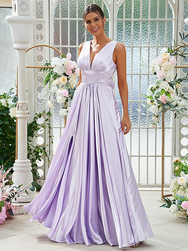 A-Line/Princess Silk like Satin Ruffles V-neck Sleeveless Floor-Length Bridesmaid Dresses