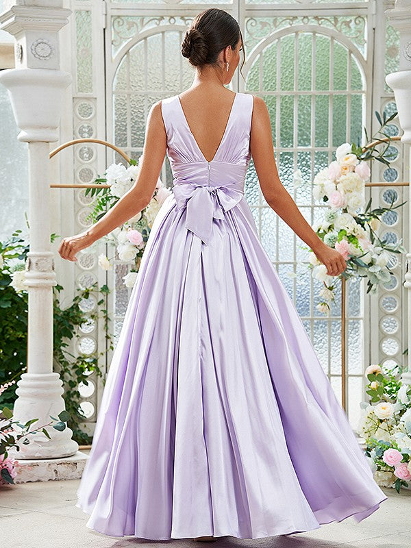 A-Line/Princess Silk like Satin Ruffles V-neck Sleeveless Floor-Length Bridesmaid Dresses