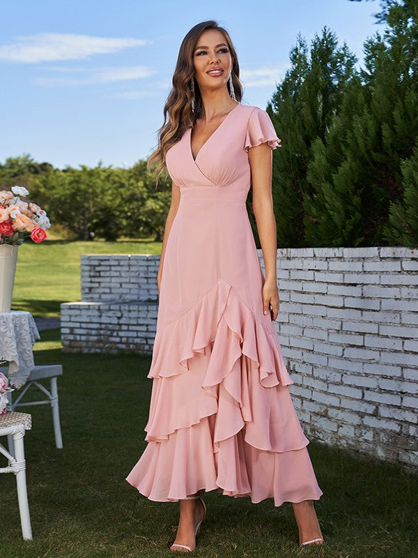 A-Line/Princess Chiffon Ruched V-Neck Short Sleeves Ankle-Length Bridesmaid Dresses