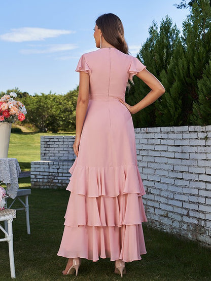 A-Line/Princess Chiffon Ruched V-Neck Short Sleeves Ankle-Length Bridesmaid Dresses