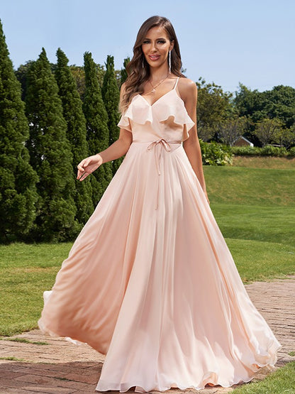 A-Line/Princess Chiffon Sash/Ribbon/Belt V-Neck Sleeveless Floor-Length Bridesmaid Dresses