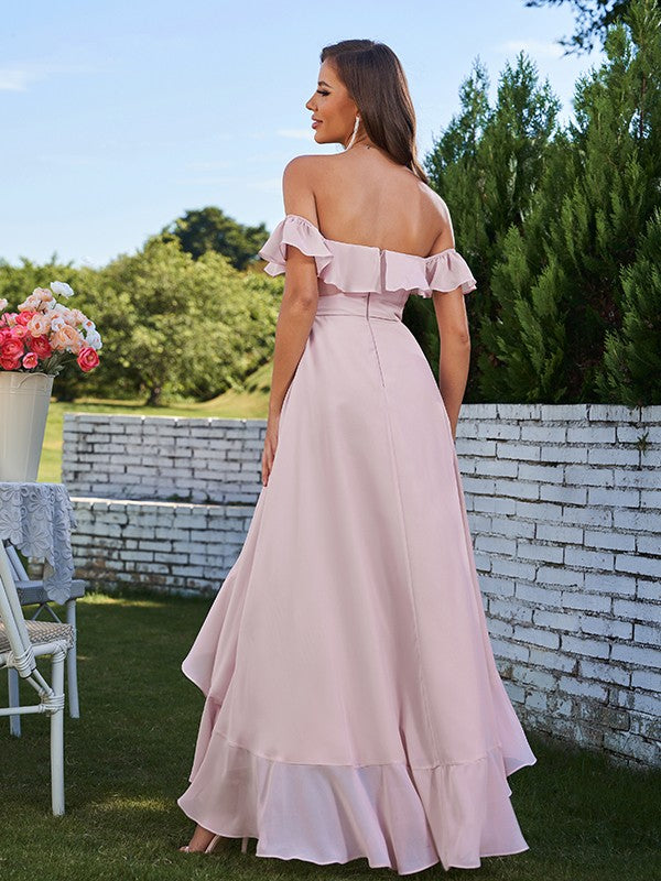 A-Line/Princess Chiffon Ruffles Off-The-Shoulder Sleeveless Asymmetrical Bridesmaid Dresses