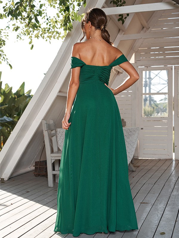 A-Line/Princess Chiffon Ruched Off-The-Shoulder Sleeveless Floor-Length Bridesmaid Dresses