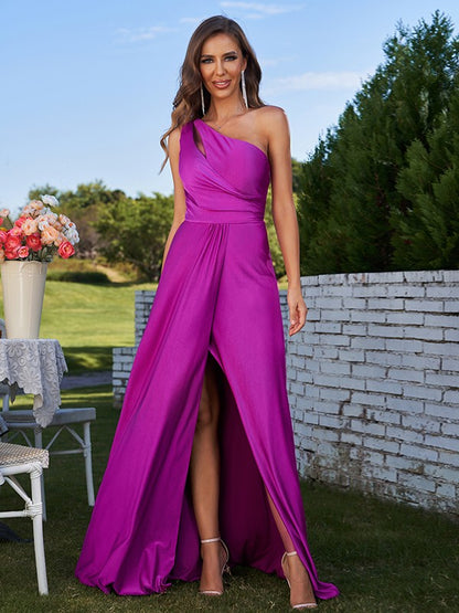 A-Line/Princess Jersey Ruched One-Shoulder Sleeveless Floor-Length Bridesmaid Dresses