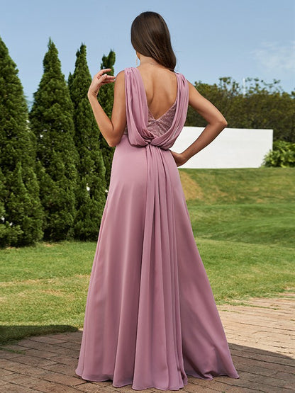 A-Line/Princess Chiffon Ruched V-neck Sleeveless Floor-Length Bridesmaid Dresses