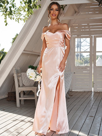 Sheath/Column Silk like Satin Ruched Off-the-Shoulder Sleeveless Floor-Length Bridesmaid Dresses