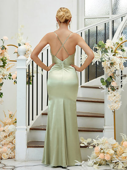 Sheath/Column Silk like Satin Ruched V-neck Sleeveless Floor-Length Bridesmaid Dresses