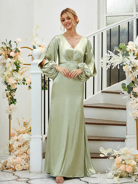 Sheath/Column Silk like Satin Ruched V-neck Long Sleeves Floor-Length Bridesmaid Dresses