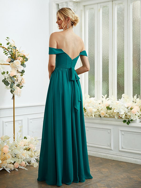 A-Line/Princess Chiffon Ruffles Off-the-Shoulder Sleeveless Floor-Length Bridesmaid Dresses