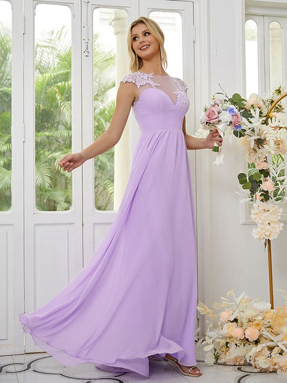 A-Line/Princess Chiffon Applique Scoop Short Sleeves Floor-Length Bridesmaid Dresses