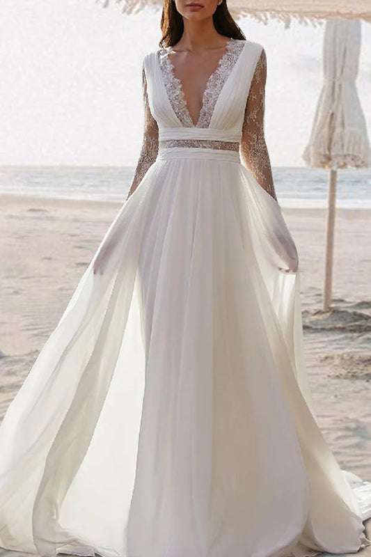 Beach Bohemian Wedding Dress A-line V-neck to ground length long sleeved summer bride dress