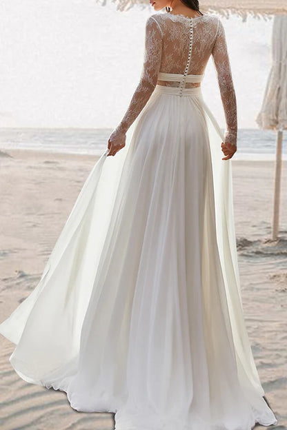 Beach Bohemian Wedding Dress A-line V-neck to ground length long sleeved summer bride dress