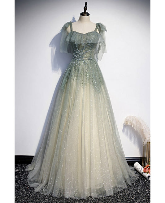 Romantic and Sweet Sage Green Sleeveless Off Shoulder Beaded Brilliant Evening Dress Sage Green A-Shoulder Thin Gauze Off Back Sequins Sweeping Train Ruffle Edge and Floor Length Evening Dress