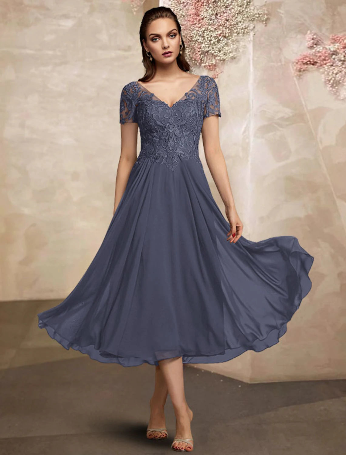 A-Line Mother of the Bride Dress Plus Size Elegant V Neck Tea Length Chiffon Lace Short Sleeve with Pleats Appliques