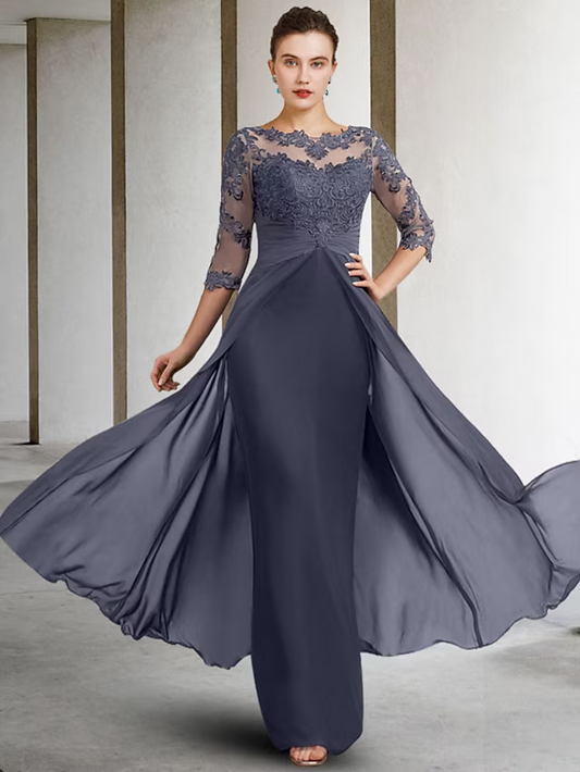 Mother of the Bride Dress Elegant  Floor Length Chiffon Lace Sleeve with Ruched Appliques