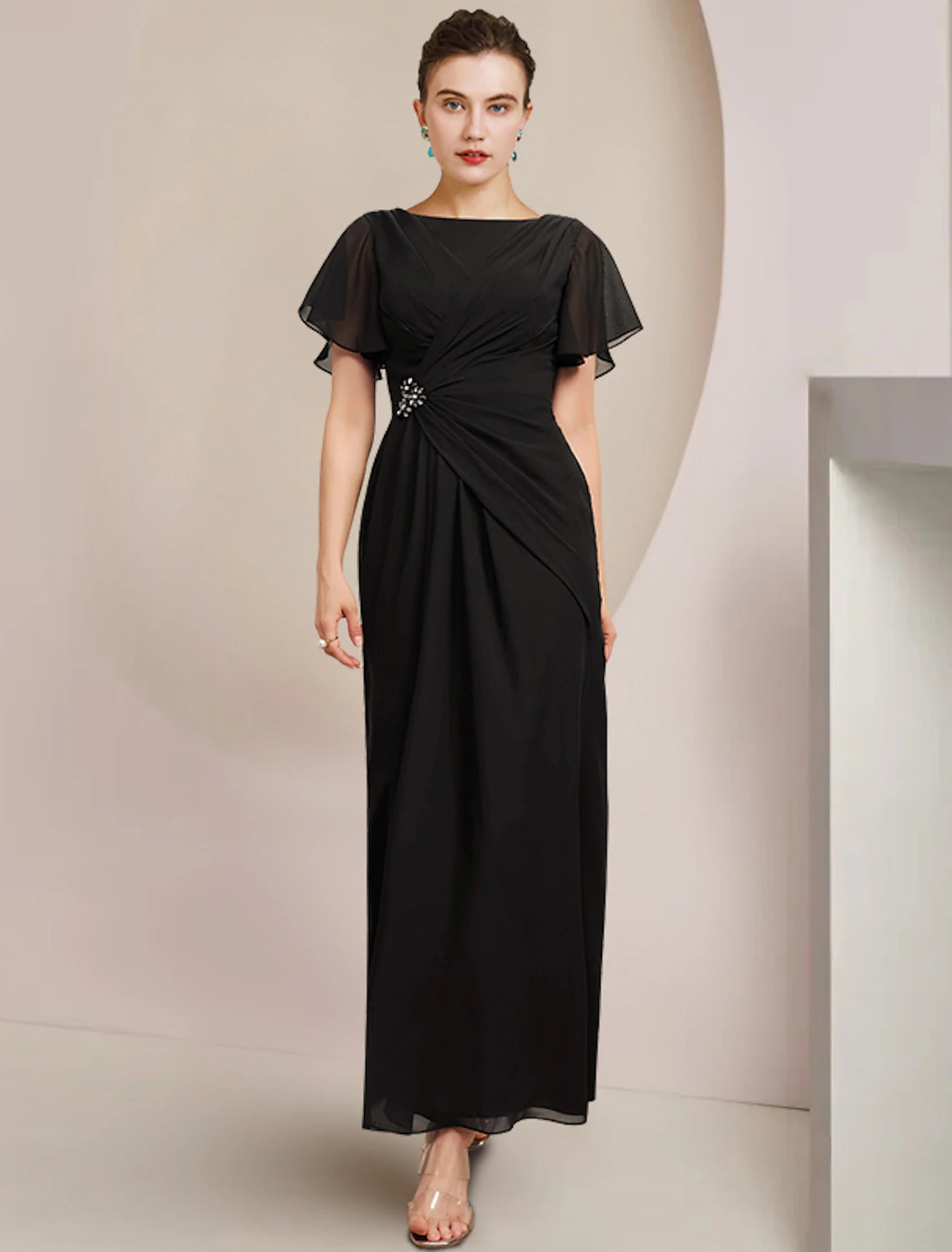Sheath / Column Mother of the Bride Dress Wedding Guest Elegant Scoop Neck Ankle Length Chiffon Short Sleeve with Crystal Brooch Side-Draped