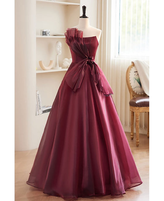 Charming wine red strapless and sleeveless bow ball dress, wine red A-line/princess backless and ground length evening dress