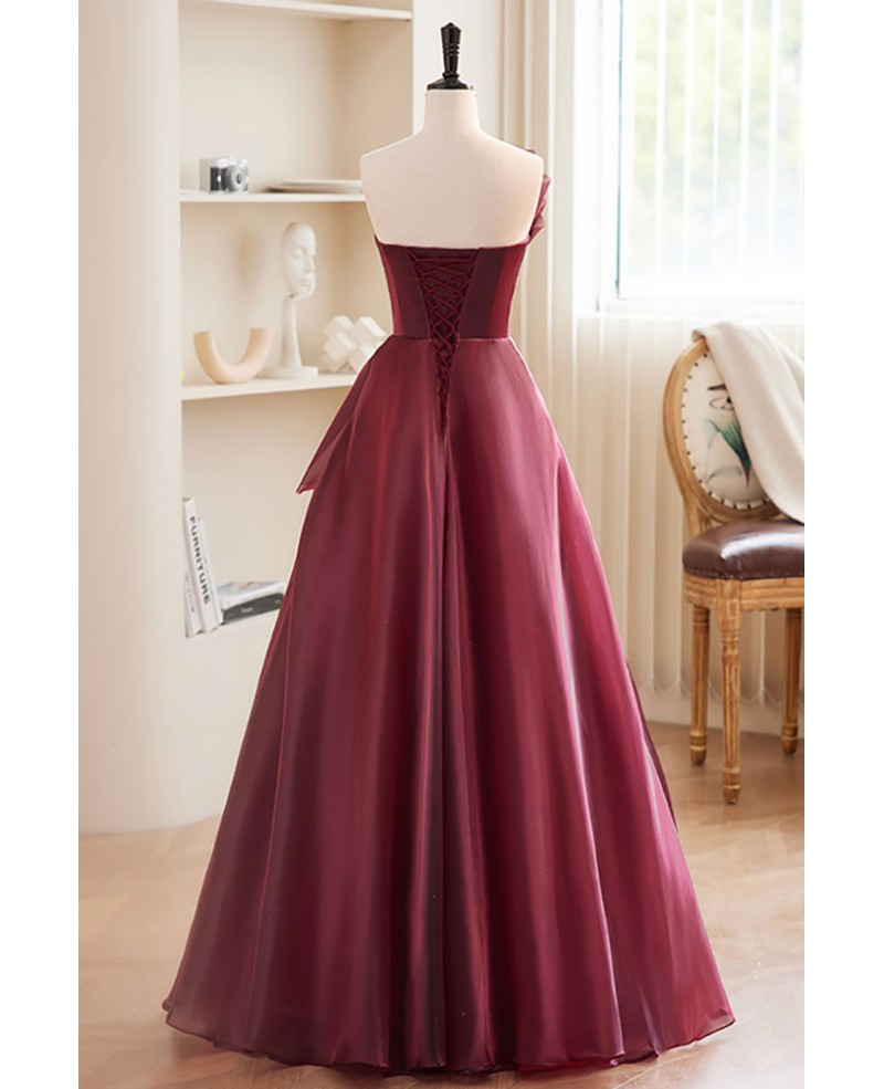 Charming wine red strapless and sleeveless bow ball dress, wine red A-line/princess backless and ground length evening dress