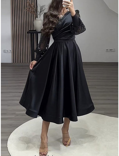 A-Line Evening Gown Elegant Dress Formal Tea Length Long Sleeve V Neck Satin with Glitter Pleats Ruched