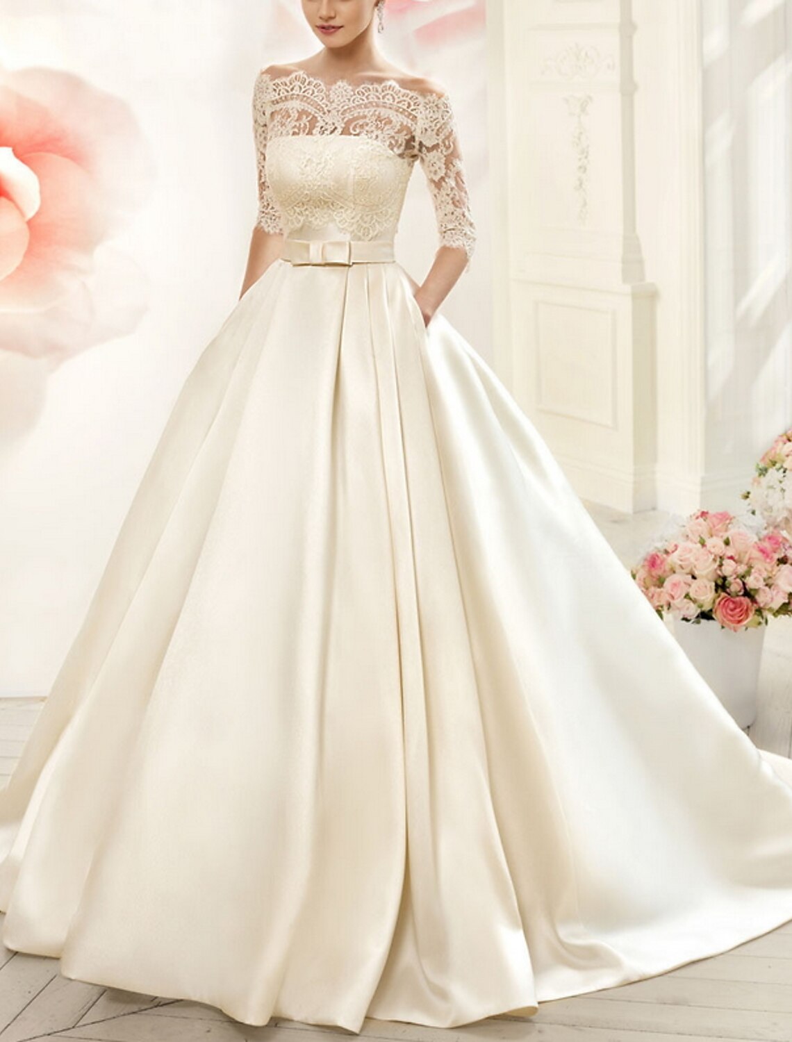 Engagement Formal Wedding Dresses Ball Gown Off Shoulder Half Sleeve Court Train Satin Bridal Gowns With Bow(s) Pleats