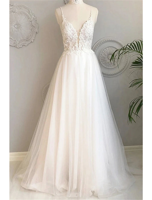 Beach Wedding Dresses A-Line Sweetheart Camisole Spaghetti Strap Court Train Lace Bridal Gowns With Buttons Appliques  Summer Wedding Party, Women's Clothing