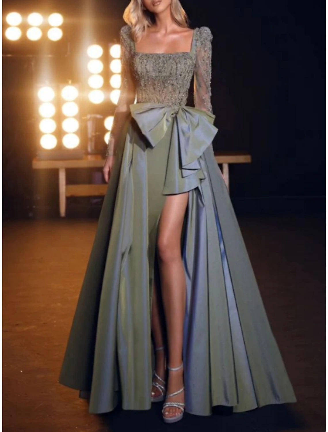 A-Line Prom Dresses Elegant Dress Formal Sweep / Brush Train Long Sleeve Square Neck Satin with Bow(s) Sequin Slit