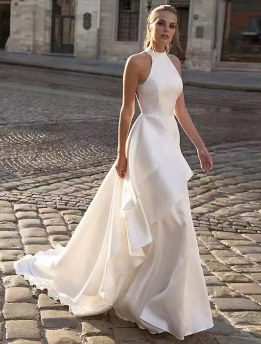 Reception Open Back Casual Wedding Dresses A-Line Halter Sleeveless Court Train Satin Bridal Gowns With Solid Color Summer Fall Wedding Party  Women's Clothing