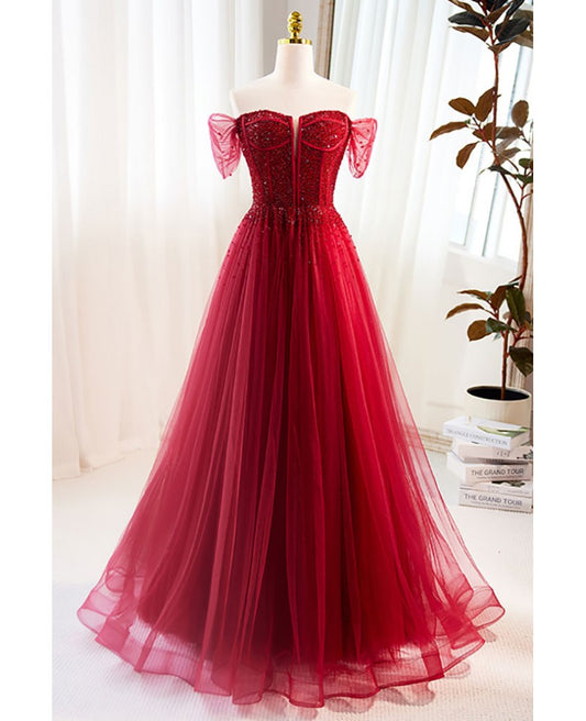 Charming wine red beaded sequins off the shoulder short sleeved ball dress wine red A-line/princess backless and ground length style evening dress