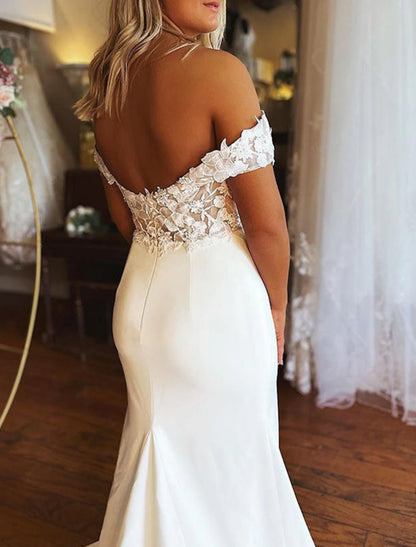 Beach Wedding Dresses Mermaid / Trumpet Off Shoulder Cap Sleeve Court Train Lace Bridal Gowns With Appliques