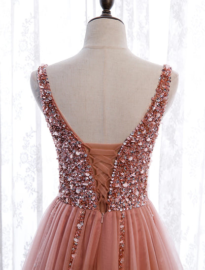 A-Line Prom Dresses Elegant Dress Party Wear Court Train Sleeveless V Neck Polyester with Pearls Embroidery