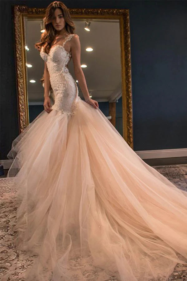 Elegant Mermaid Sweetheart Watteau Train Yarn Lace Tulle Pink Wedding Dresses
