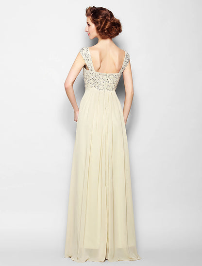 A-Line Mother of the Bride Dress Sparkle & Shine Straps Floor Length Chiffon Sleeveless No with Beading