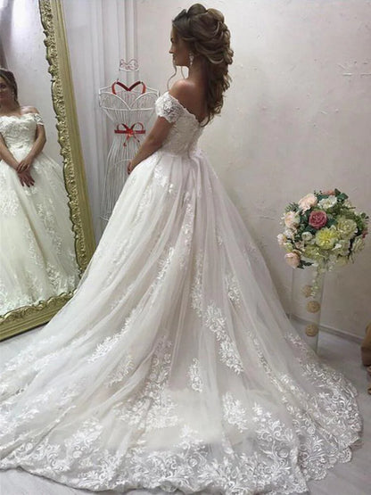 Gorgeous Ball Gown Off the Shoulder Sweetheart Open Back Tulle Lace Wedding Dresses
