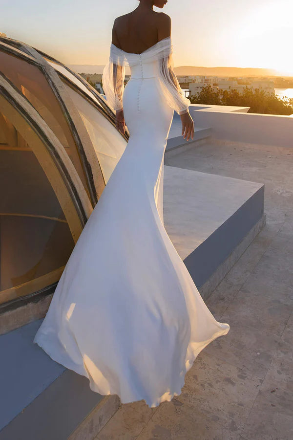 Unique off shoulder long sleeved fishtail wedding dress