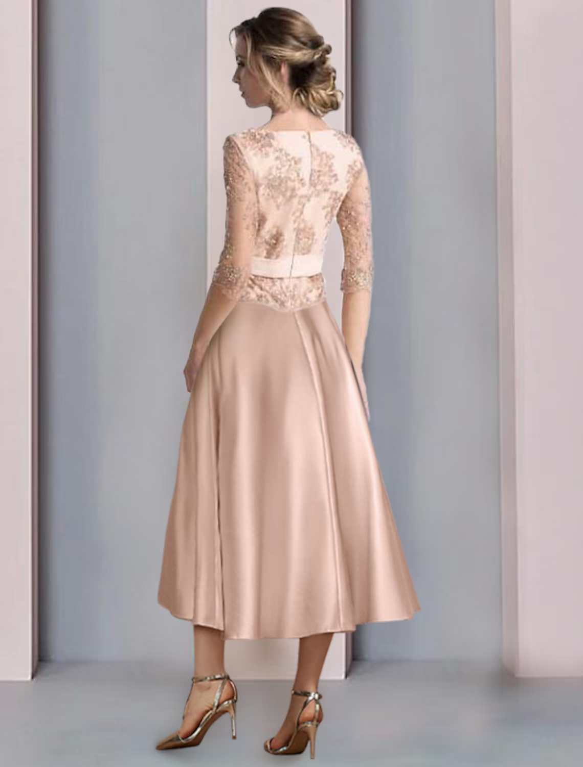 A-Line Mother of the Bride Dress Formal Wedding Guest Vintage Party Elegant Scoop Neck Satin Lace Half Sleeve with Flower