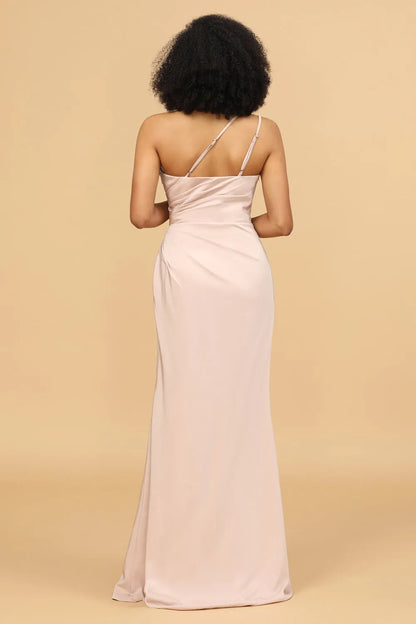 Powder blusher satin fishtail off shoulder long slit bridesmaid dress