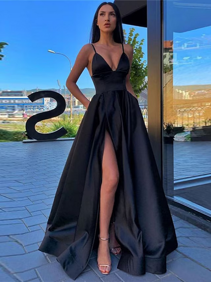 A-Line Black Prom Dress High Split Evening Dress Formal Birthday Summer Dress Strap Sleeveless Satin with Pleats Split Front