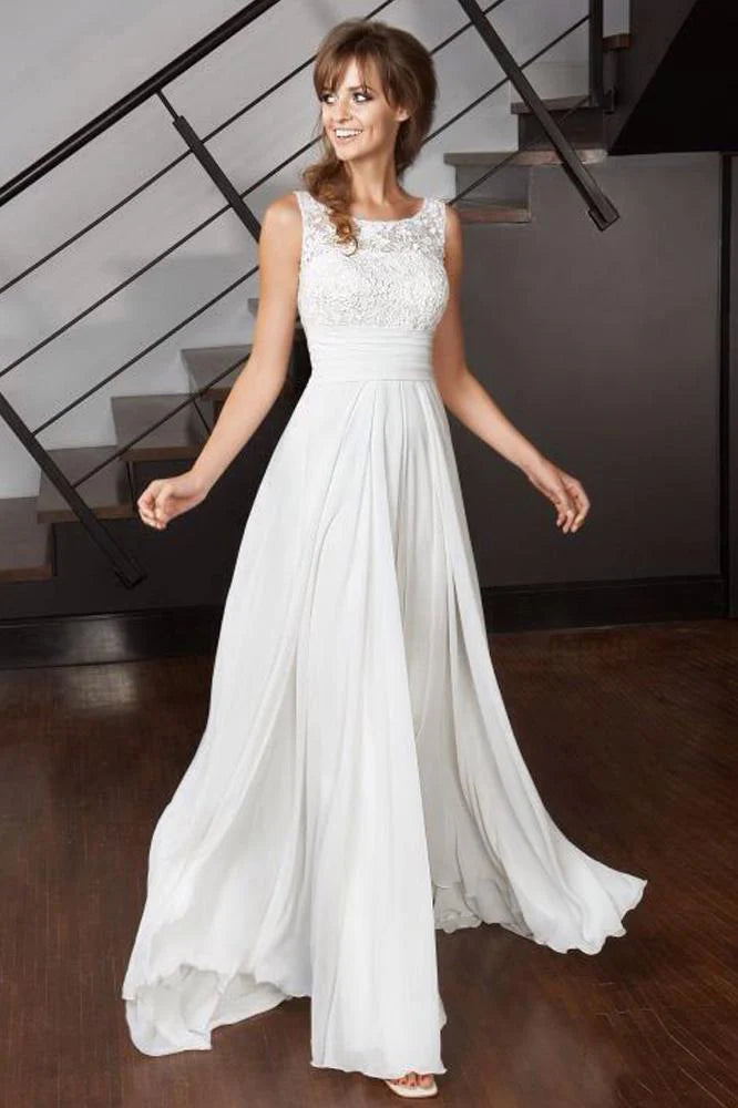 Elegant A Line Scoop Chiffon Ivory Long Appliques Beach Wedding Dresses with Lace