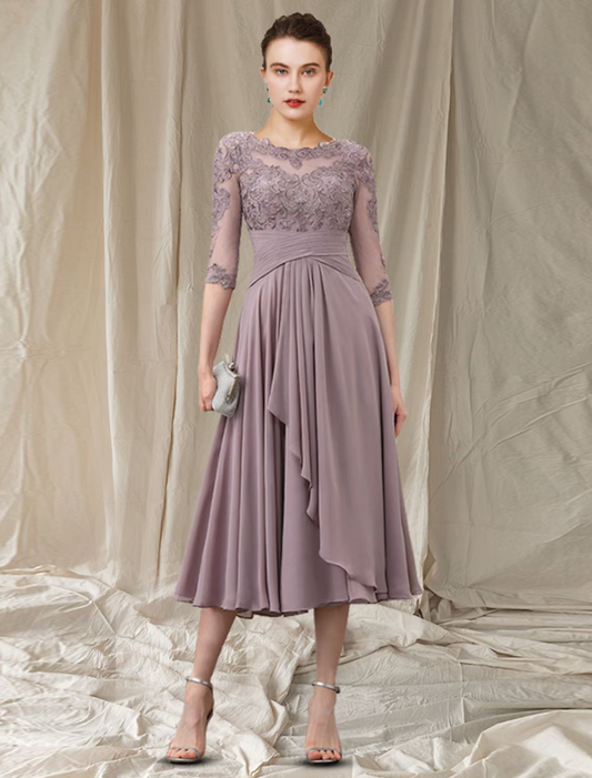 A-Line Mother of the Bride Dress Elegant Tea Length Chiffon Lace Half Sleeve with Pleats Ruched Beading