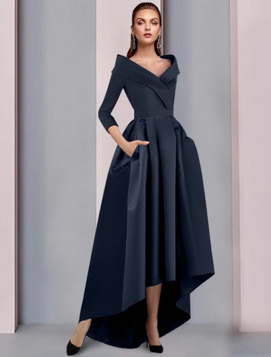 A-Line Mother of the Bride Dress Elegant High Low Sweet Strap Asymmetrical Satin Sleeve with Pleat