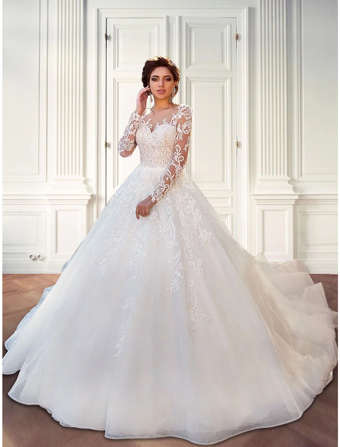 Engagement Formal Fall Wedding Dresses Ball Gown Illusion Neck Long Sleeve Court Train Lace Bridal Gowns With Lace Appliques Summer Wedding Party 2023, Women‘s Clothing