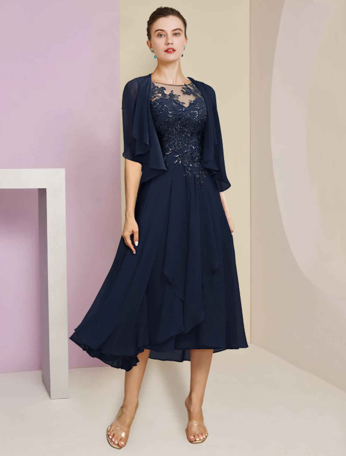 Two Piece A-Line Mother of the Bride Dress Formal Wedding Guest Elegant Scoop Neck Tea Length Chiffon Lace Short Sleeve Fall Wrap Included with Pleats Sequin Appliques