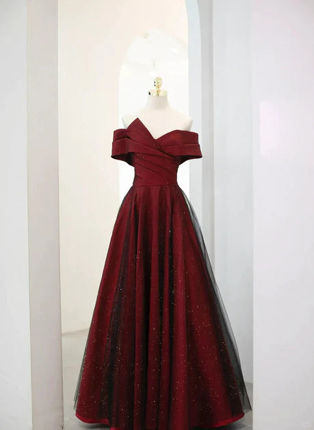 Elegant A-line off shoulder wine red sheer long party dress, wine red and black backless prom dress