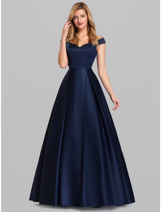 Elegant Prom Birthday Dress Off Shoulder Short Sleeve Floor Length Satin with Pleats