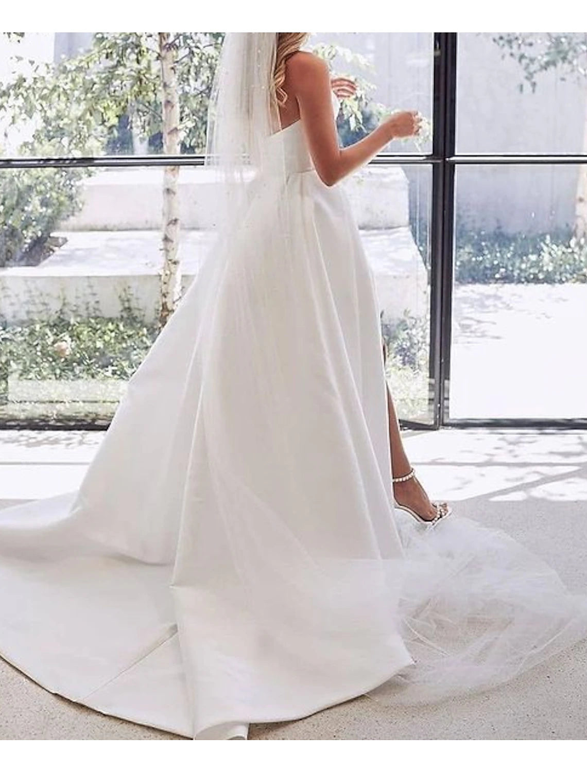 Engagement Sexy Wedding Dresses A-Line Sweetheart Strapless Court Train Satin Bridal Gowns With Split Front