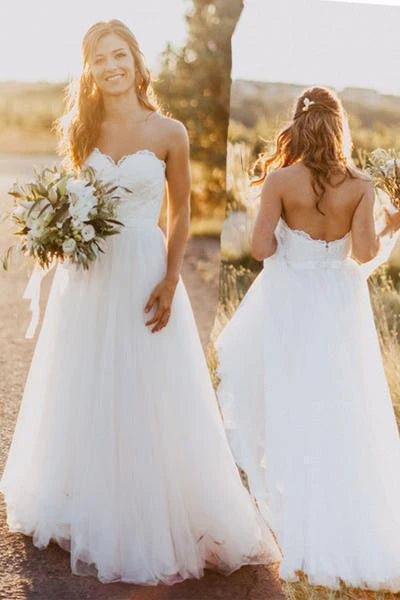 Elegant Tulle Beach  Sweetheart Lace A line Simple Plus Size Country Wedding Dress