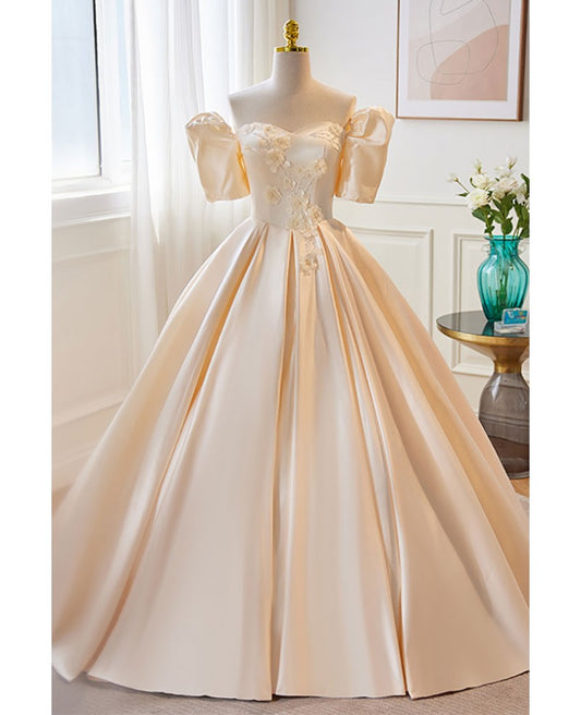 Elegant Champagne Sticker Pearl Off Shoulder Short Sleeve Ball Dress Champagne Satin Ball Dress Off Back and Groundlength Evening Dress